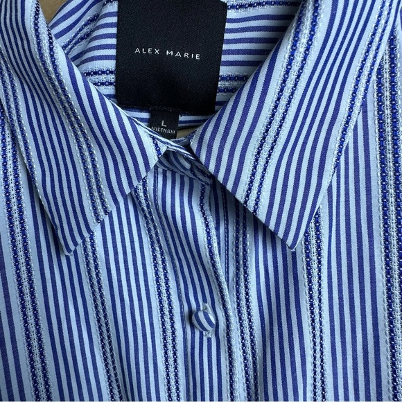 Alex Marie Navy and White Striped Button-Down Shirt Casual Business - Picture 7 of 13